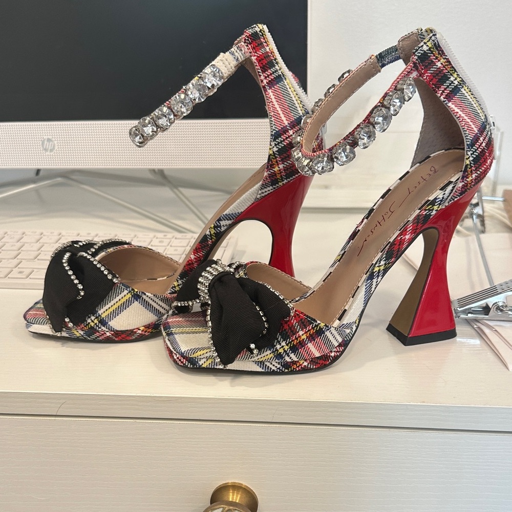 Betsey Johnson Plaid Heels with Black Bow and Rhinestones - Picture 3 of 5